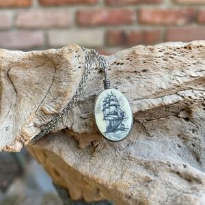Authentic Scrimshaw Whale Bone Ship Necklace